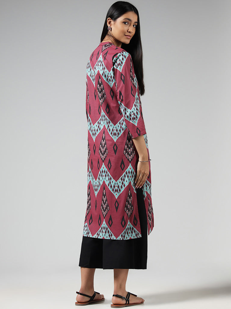 Utsa Pink Ikat Printed Cotton Kurta