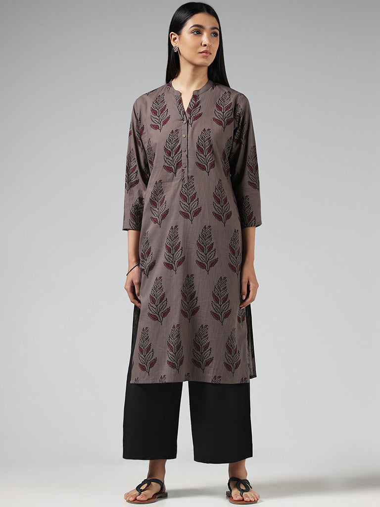 Utsa Grey Leaf Printed Cotton Kurta