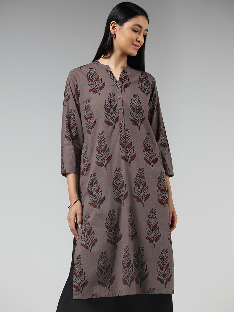 Utsa Grey Leaf Printed Cotton Kurta