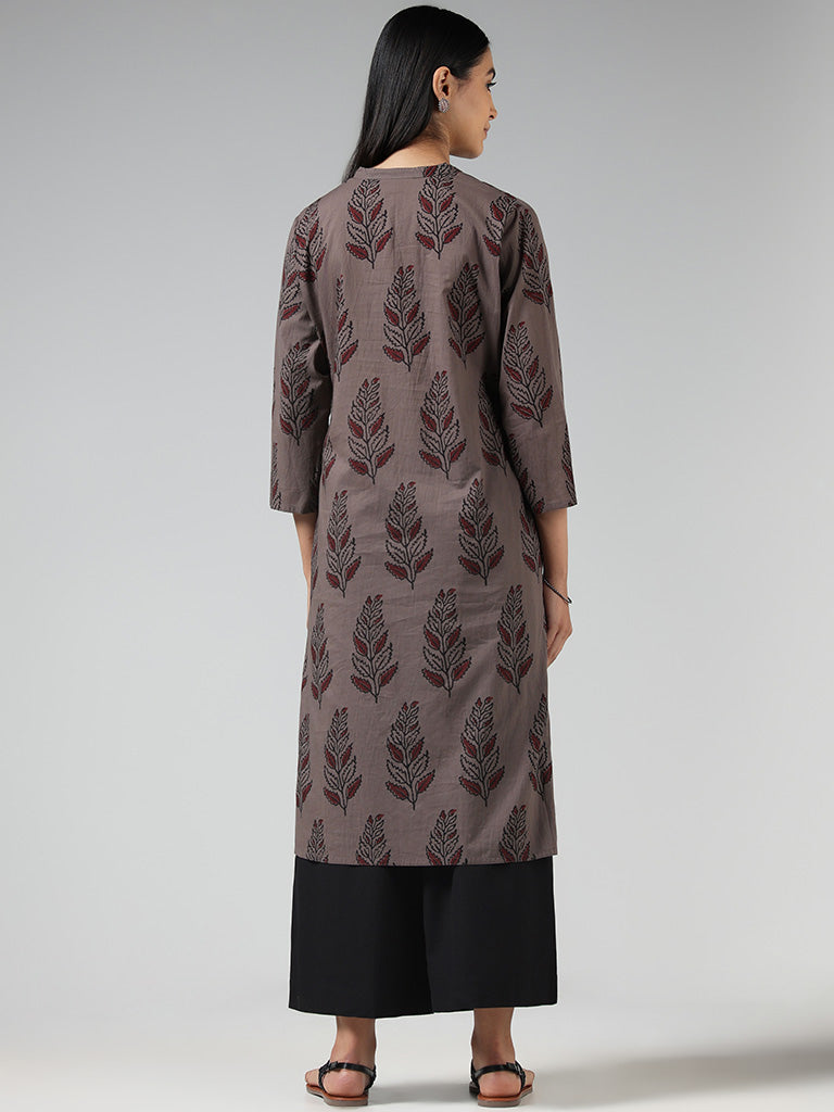 Utsa Grey Leaf Printed Cotton Kurta