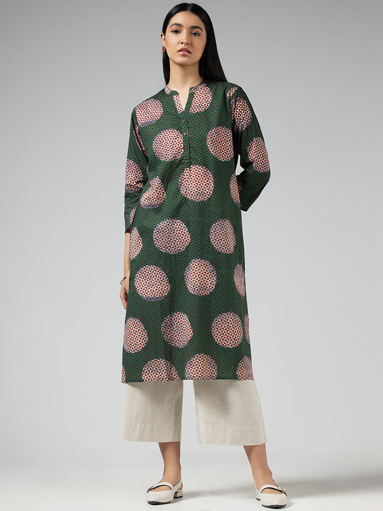 Utsa Green Geometric Polka Cotton Kurta