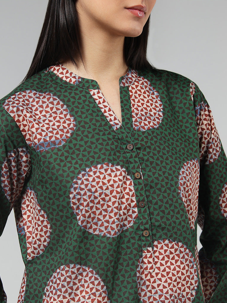 Utsa Green Geometric Polka Cotton Kurta