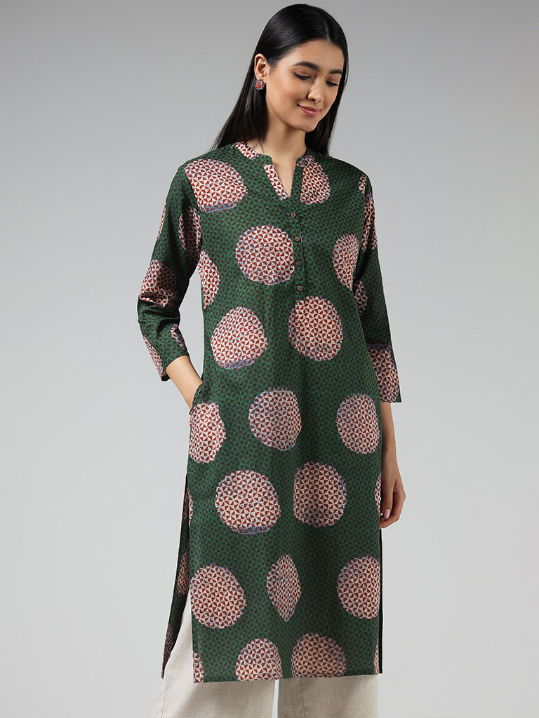 Utsa Green Geometric Polka Cotton Kurta