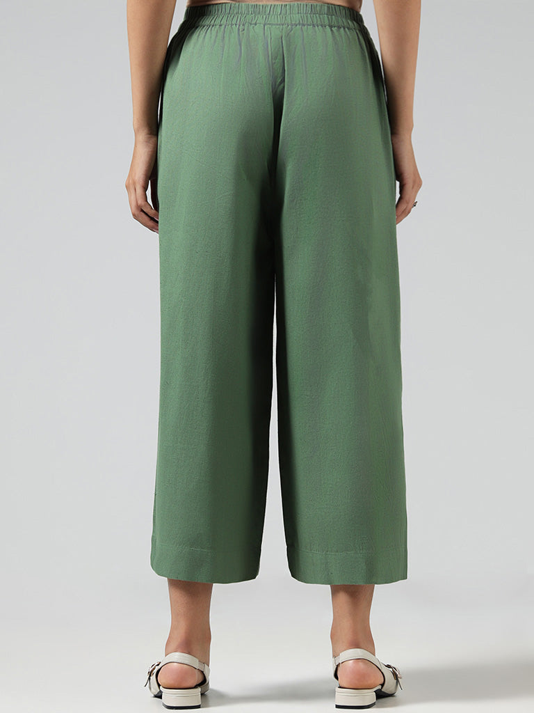 Utsa Solid Green Cotton Blend Mid Rise Palazzos