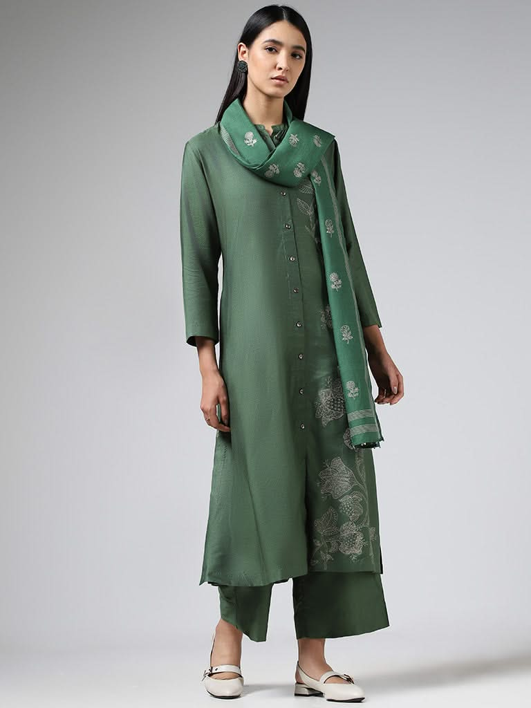 Zuba Olive Floral Printed Cotton Blend Buttoned Down Kurta