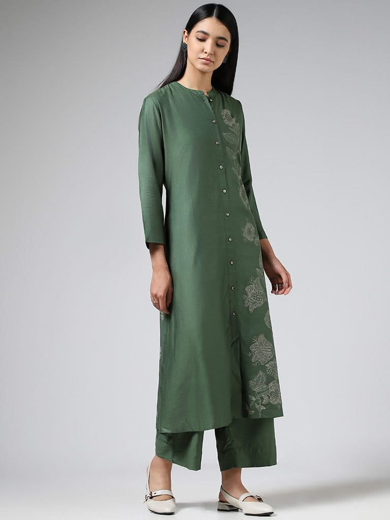 Zuba Olive Floral Printed Cotton Blend Buttoned Down Kurta