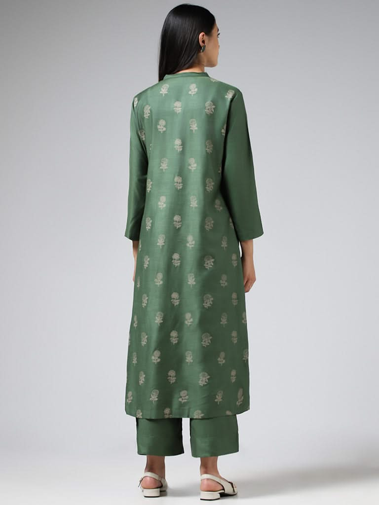 Zuba Olive Floral Printed Cotton Blend Buttoned Down Kurta