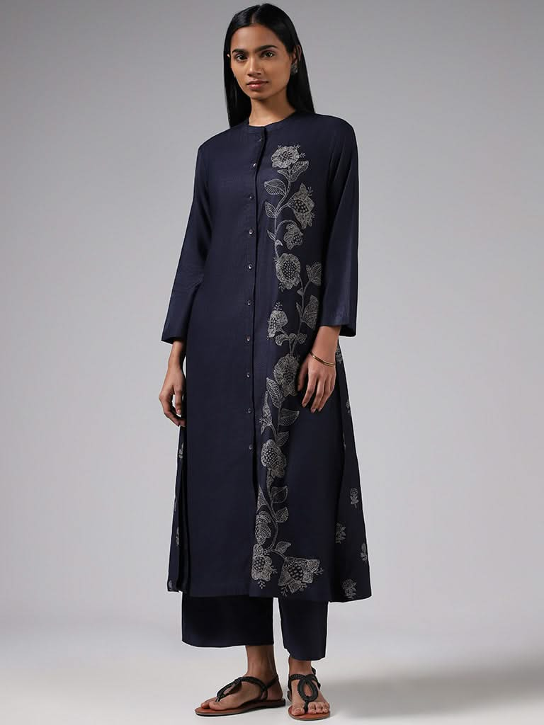 Zuba Indigo Printed Button Down Kurta