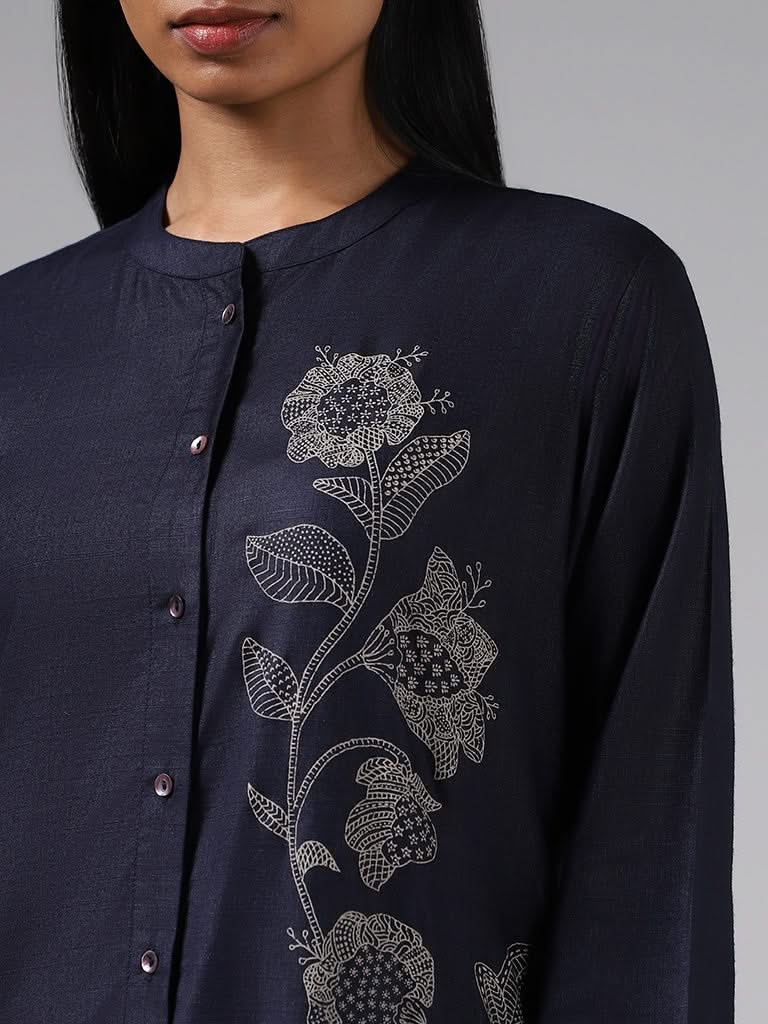 Zuba Indigo Printed Button Down Kurta