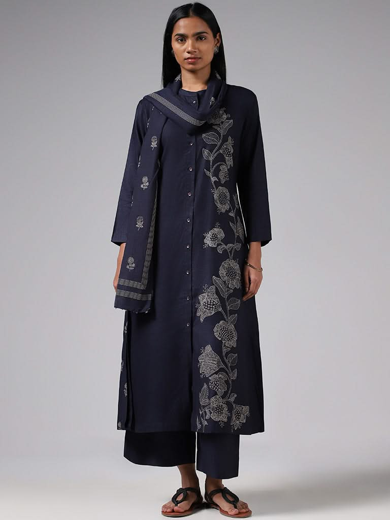 Zuba Indigo Printed Button Down Kurta