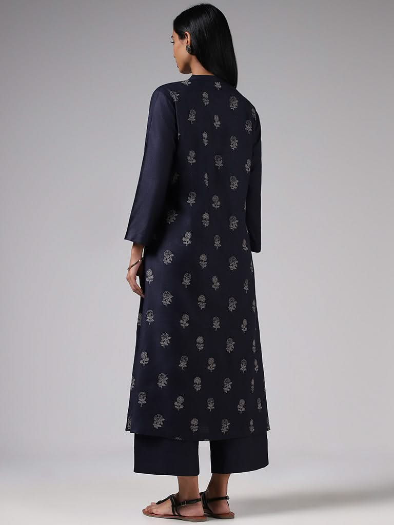 Zuba Indigo Printed Button Down Kurta