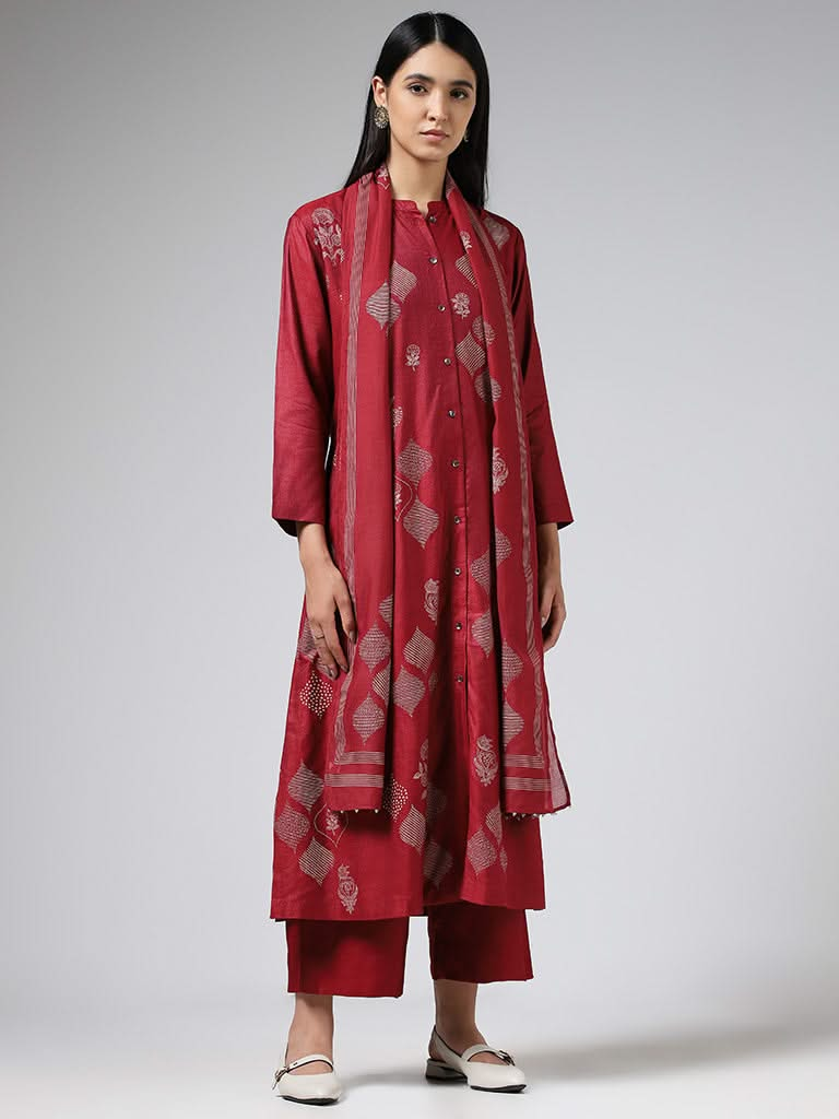 Zuba Maroon Printed Cotton Blend Buttoned Down Kurta