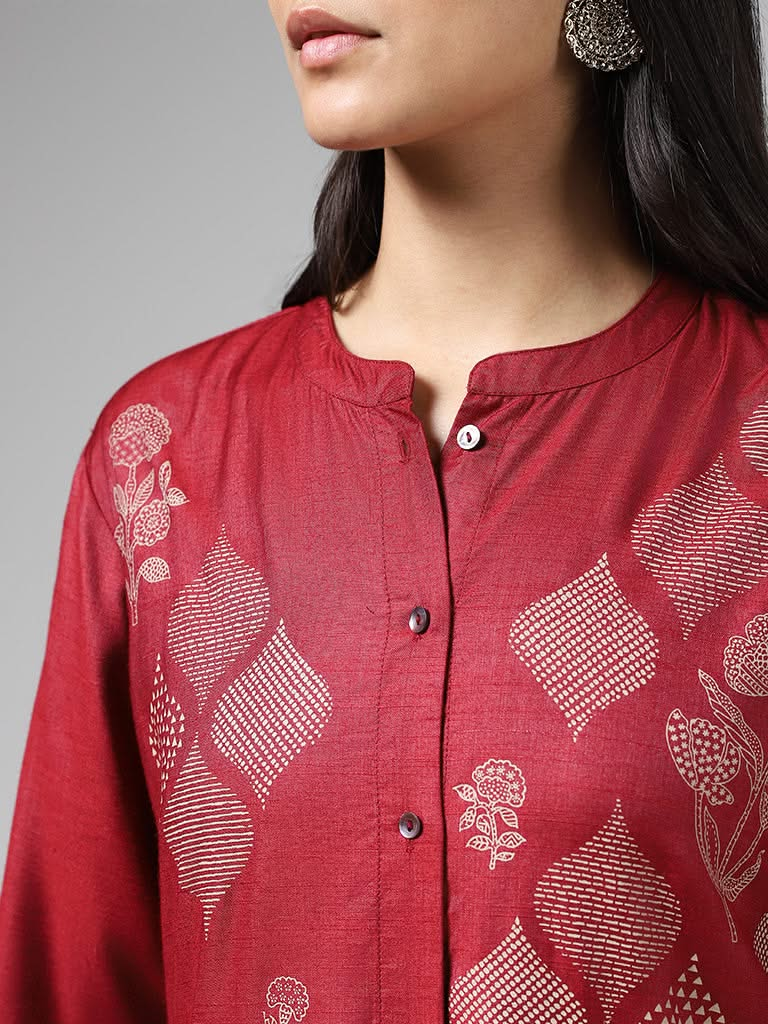 Zuba Maroon Printed Cotton Blend Buttoned Down Kurta