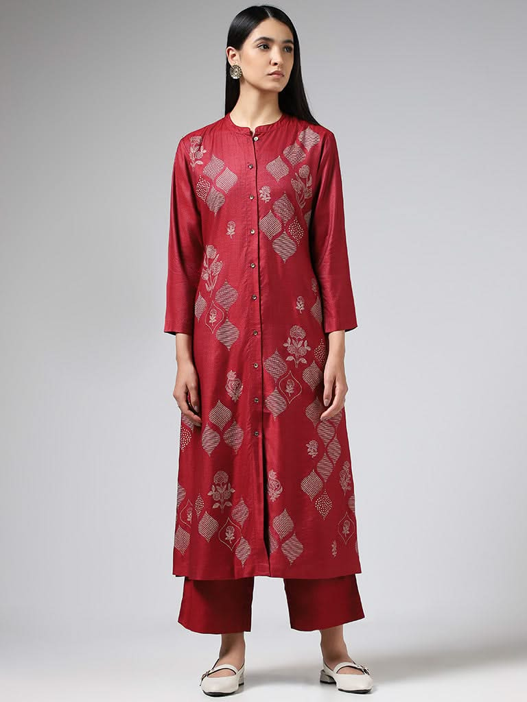 Zuba Maroon Printed Cotton Blend Buttoned Down Kurta