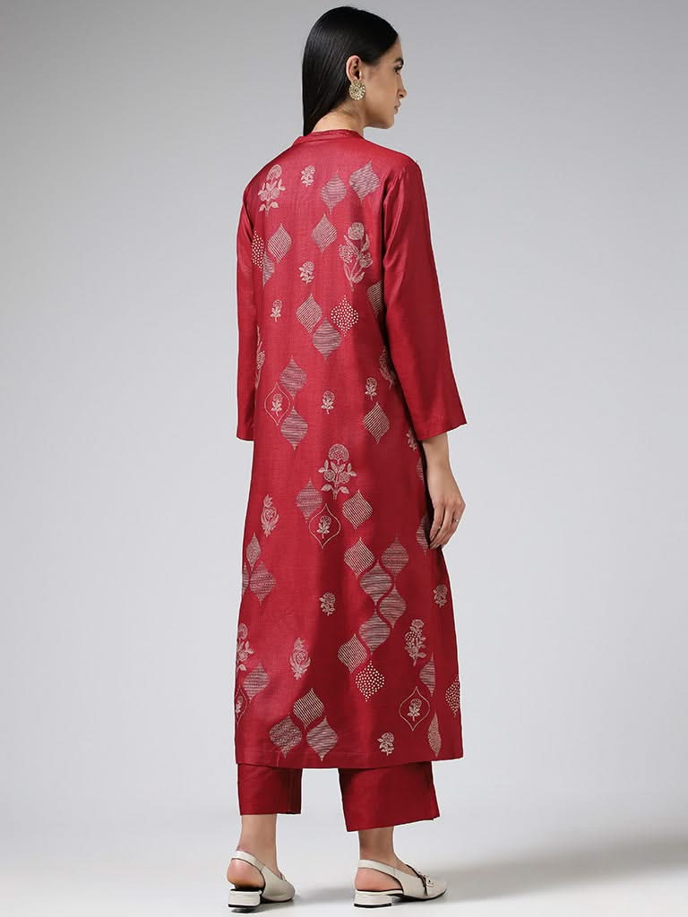 Zuba Maroon Printed Cotton Blend Buttoned Down Kurta