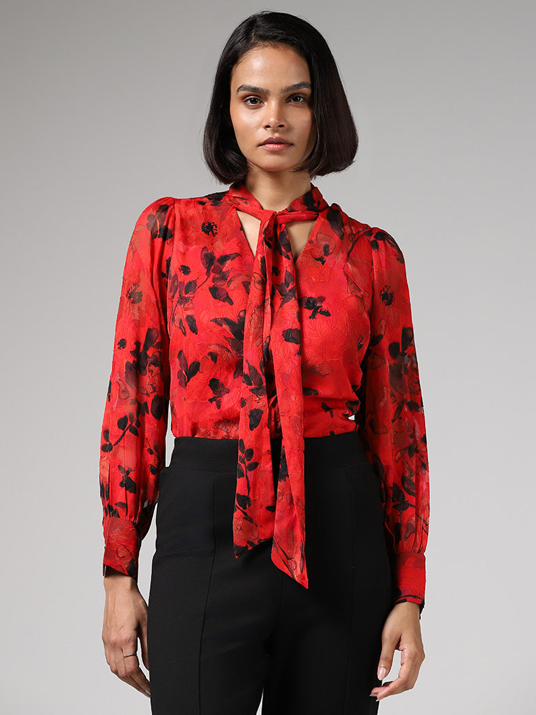 Wardrobe Floral Printed Red Top with Camisole & Neck Tie