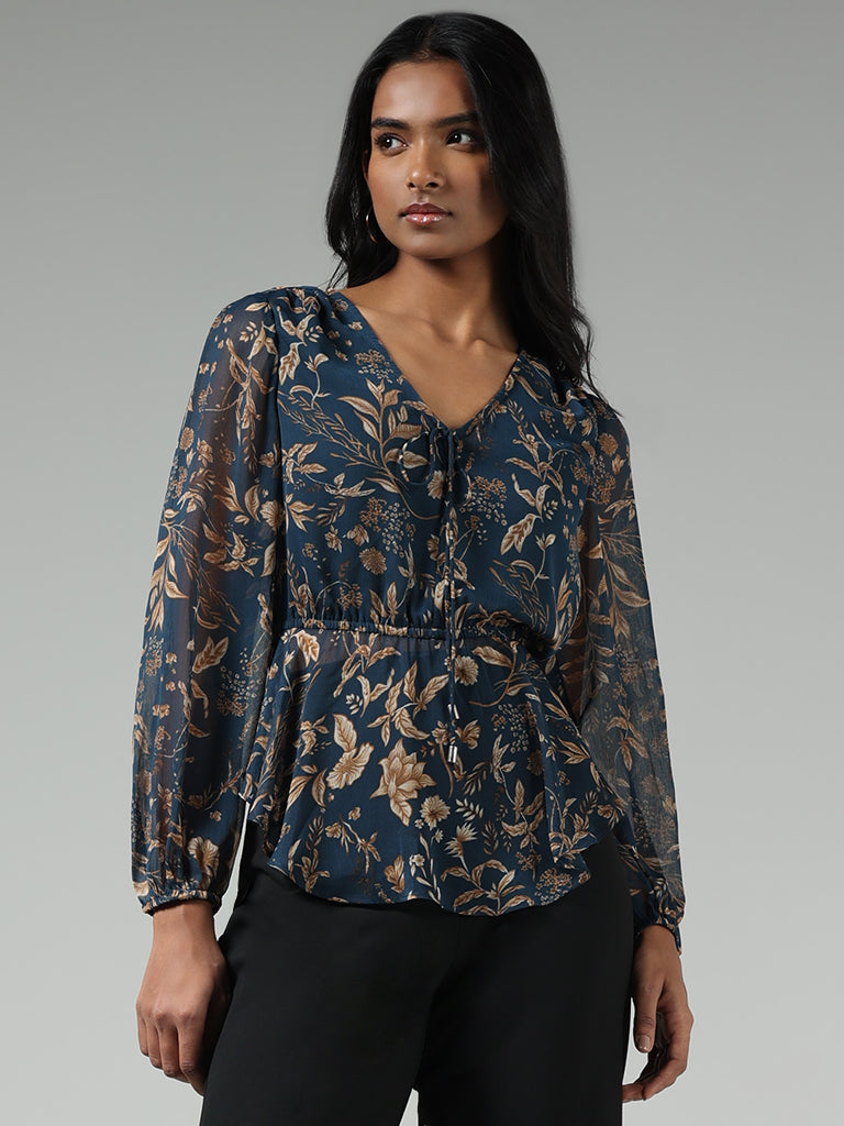 Wardrobe Indigo Floral Printed Peplum Top