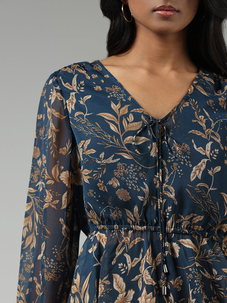 Wardrobe Indigo Floral Printed Peplum Top