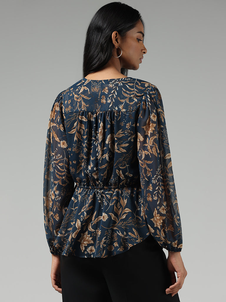 Wardrobe Indigo Floral Printed Peplum Top