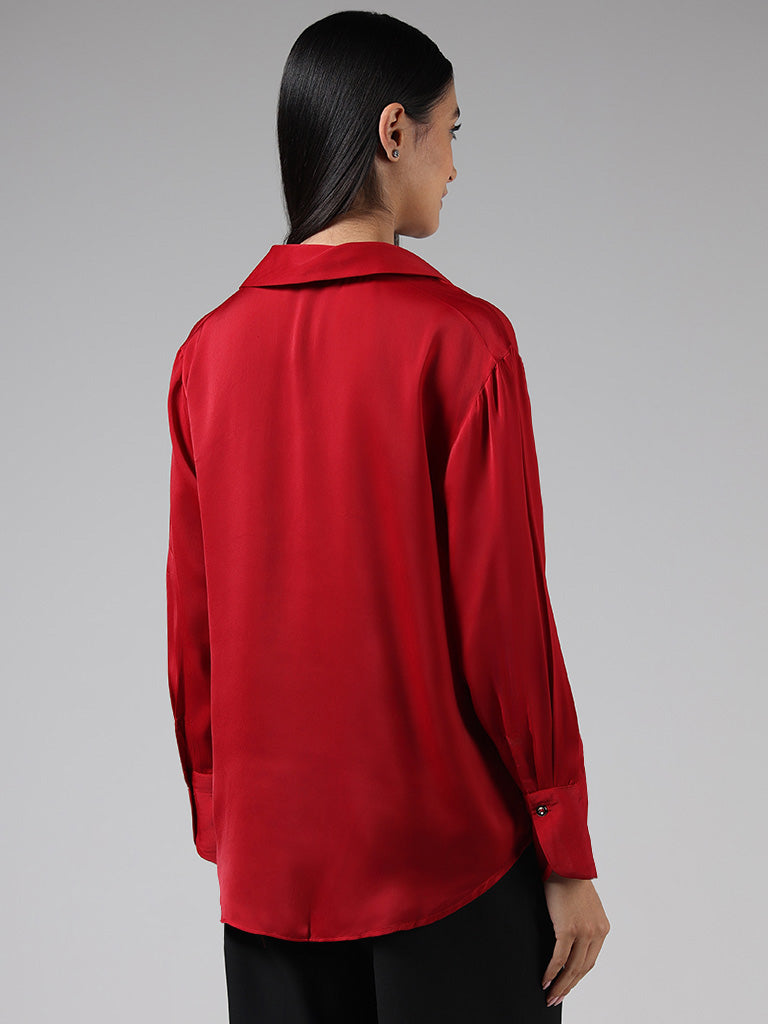 Wardrobe Solid Red Satin Shirt