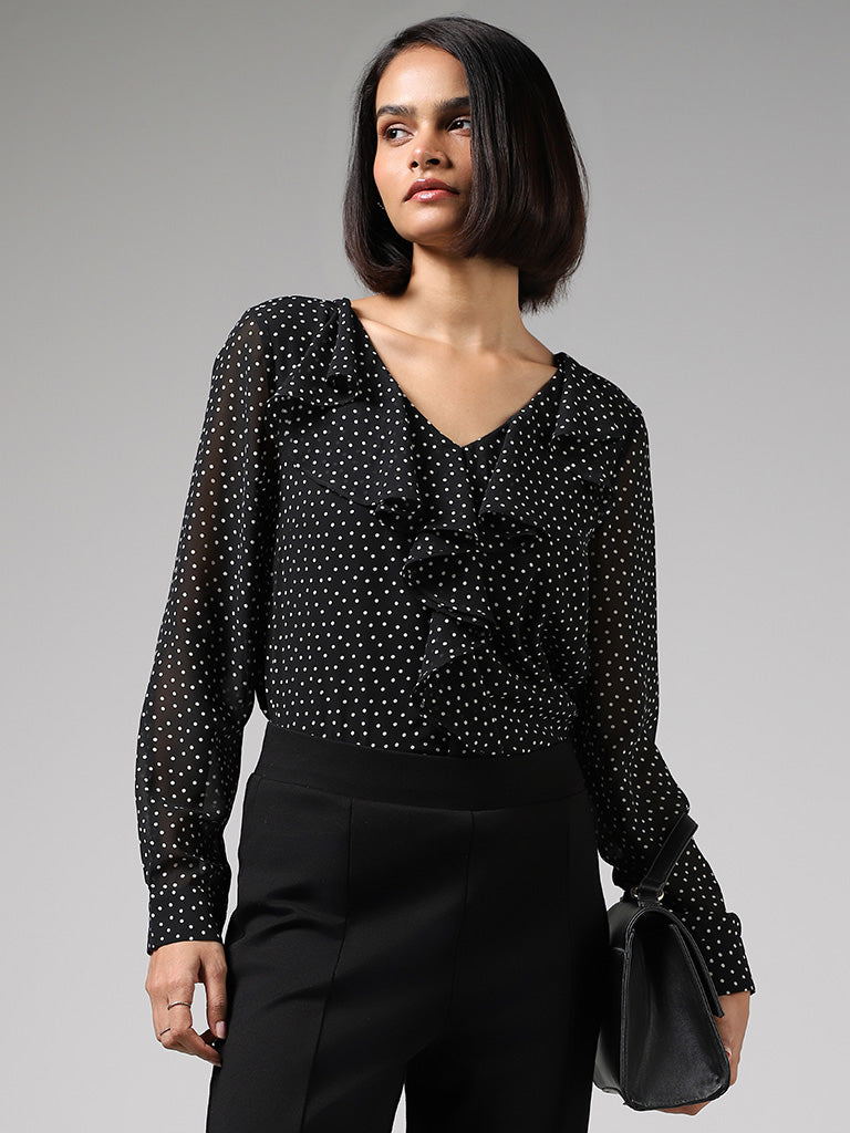 Wardrobe Polka Dots Black Ruffled Top