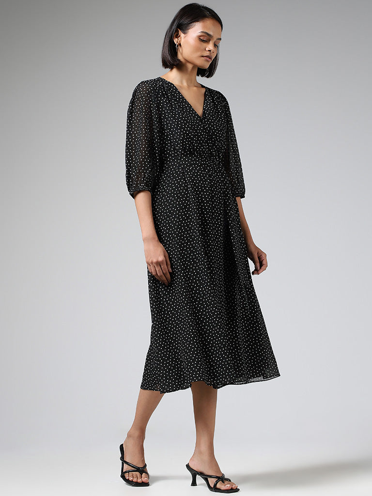 Wardrobe Black Polka Dot Printed Dress with Belt