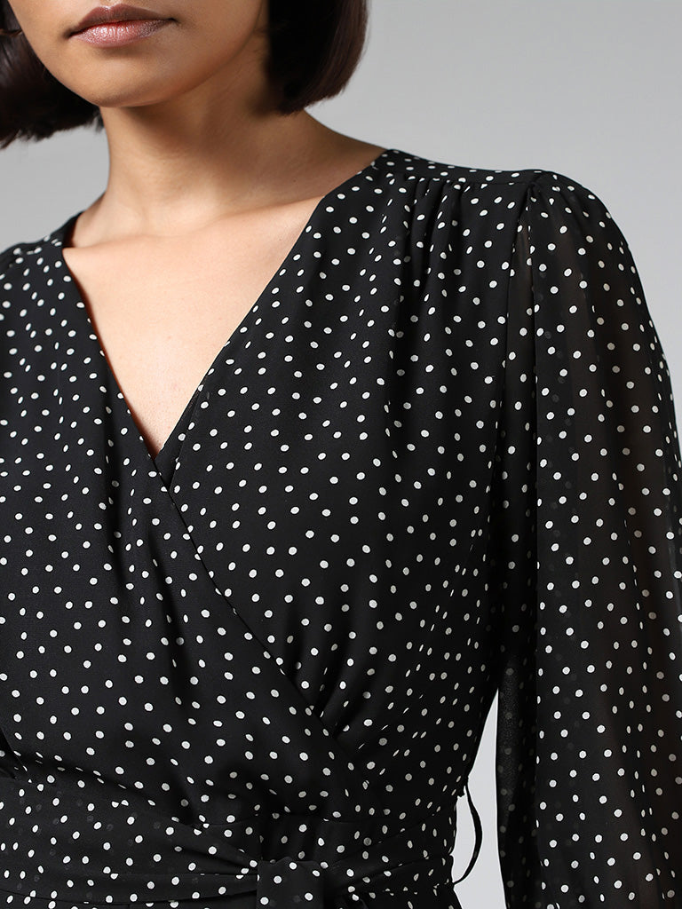 Wardrobe Black Polka Dot Printed Dress with Belt