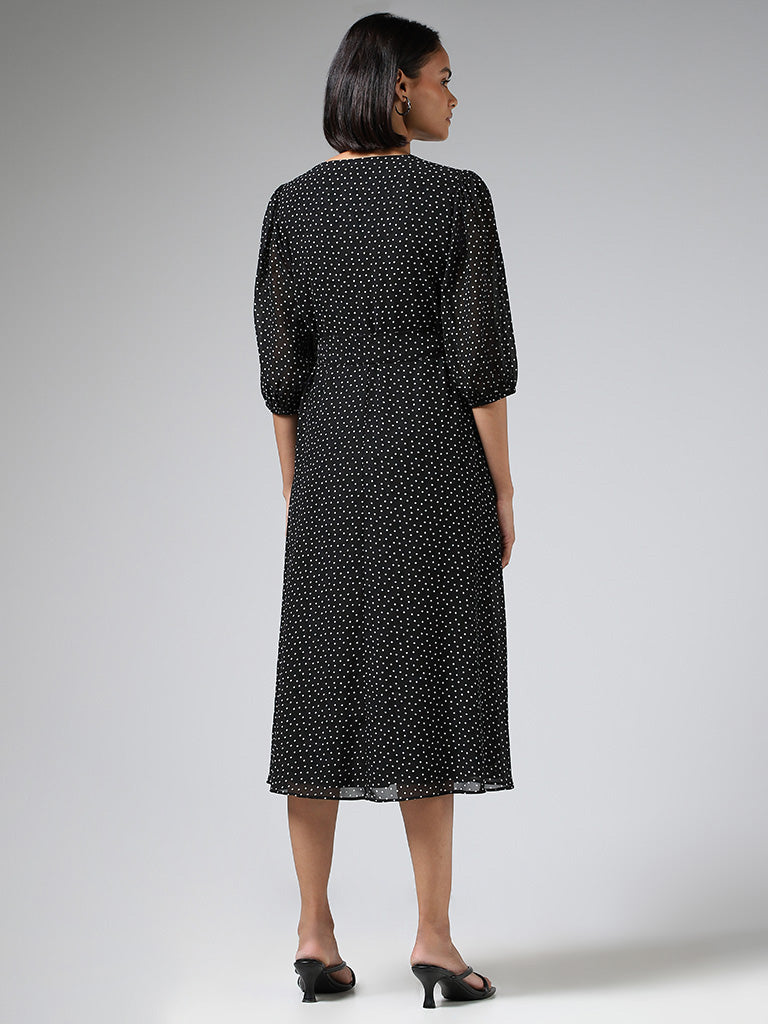 Wardrobe Black Polka Dot Printed Dress with Belt