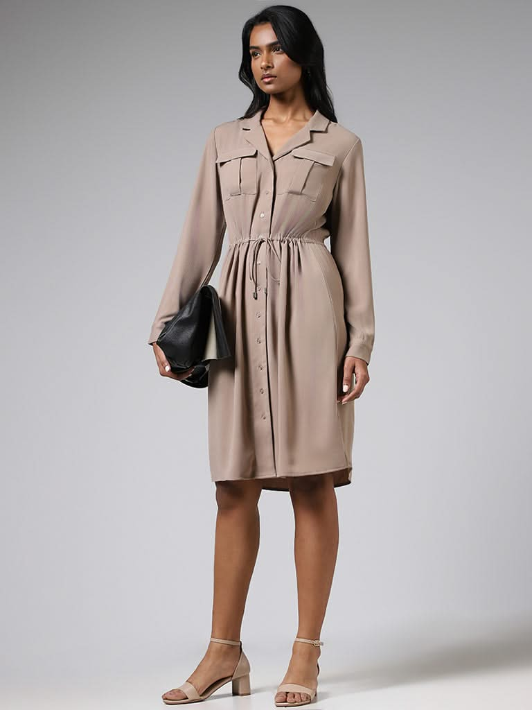 Wardrobe Solid Light Brown Shirt Dress