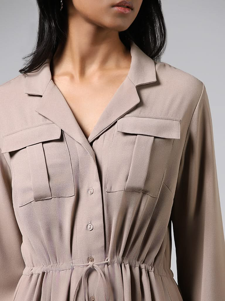 Wardrobe Solid Light Brown Shirt Dress