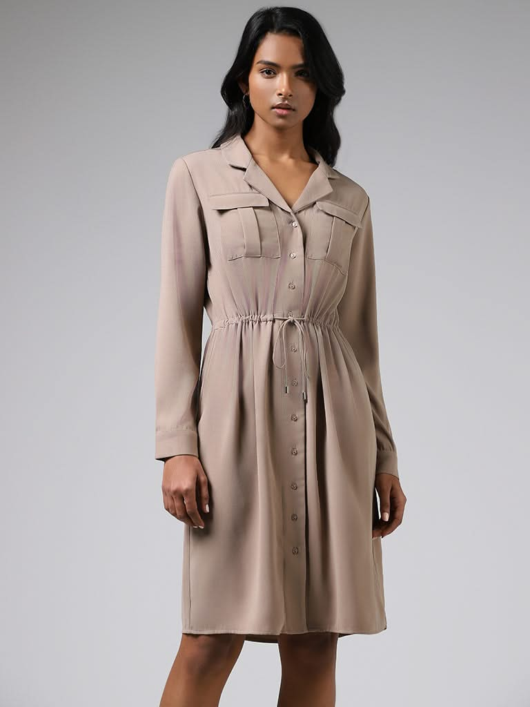 Wardrobe Solid Light Brown Shirt Dress