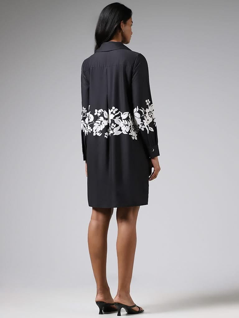 Wardrobe Black Floral Printed Satin Dress