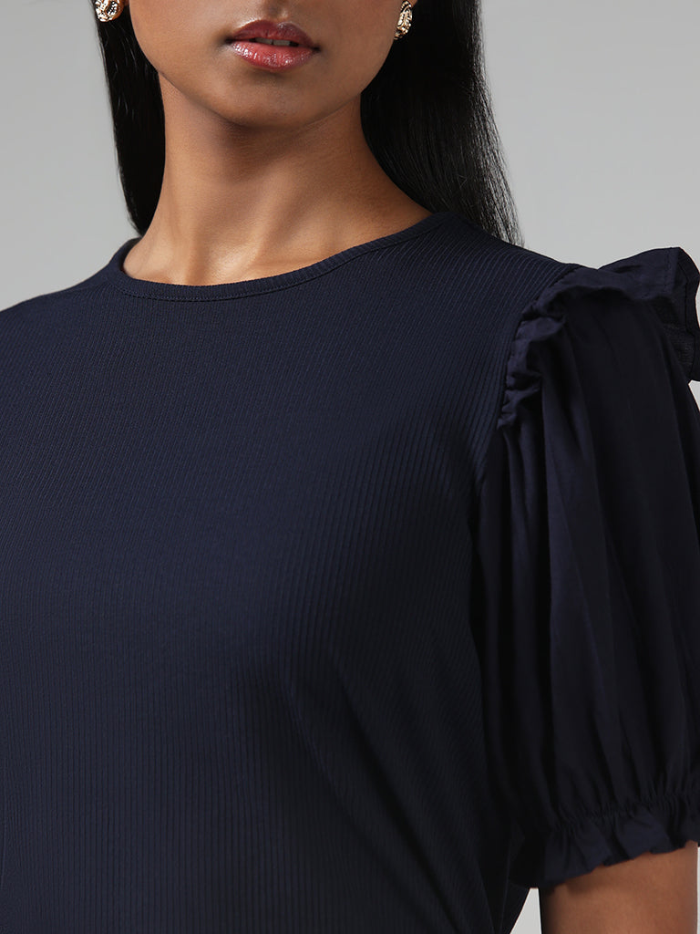 Wardrobe Solid Navy Ribbed Top