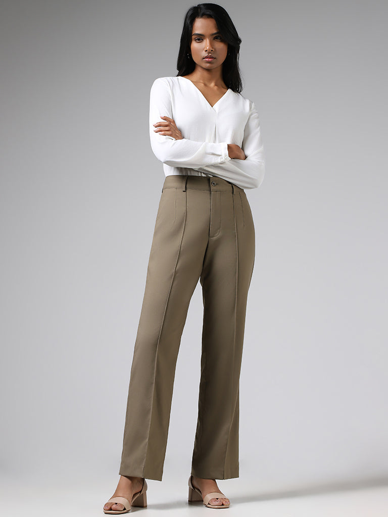 Wardrobe Solid Khaki Seam Detail Trousers