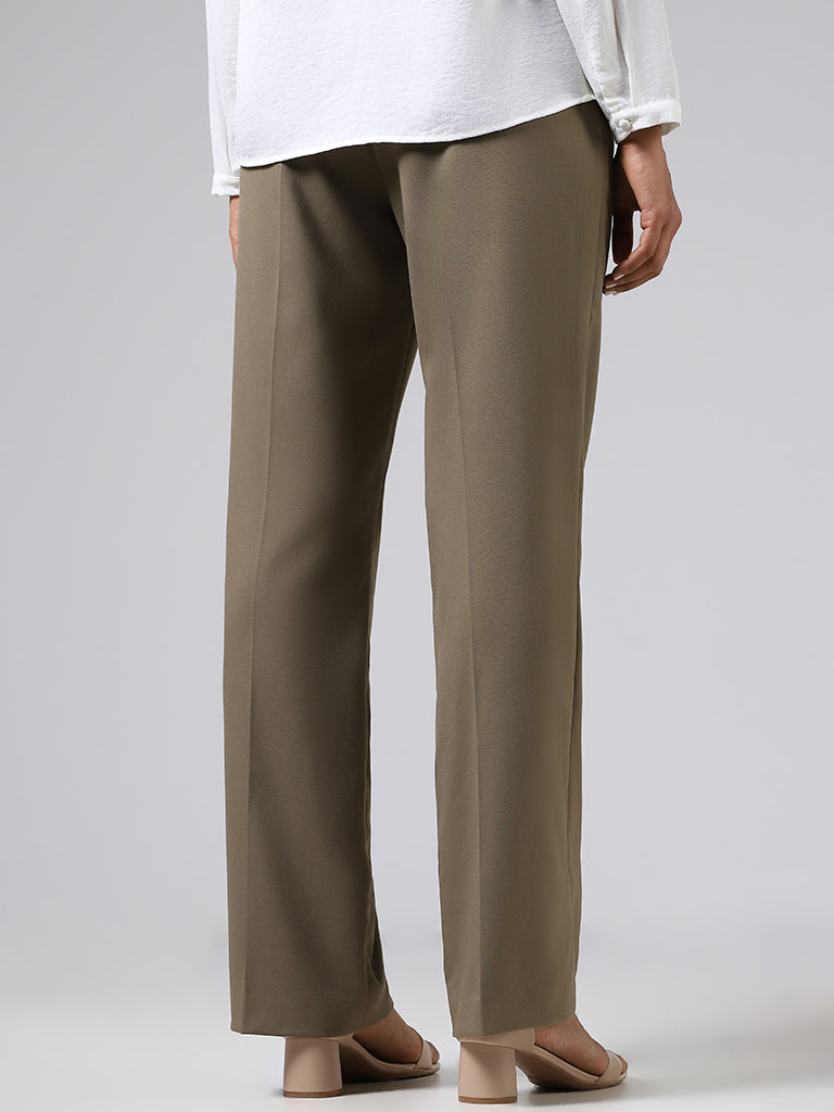 Wardrobe Solid Khaki Seam Detail Trousers