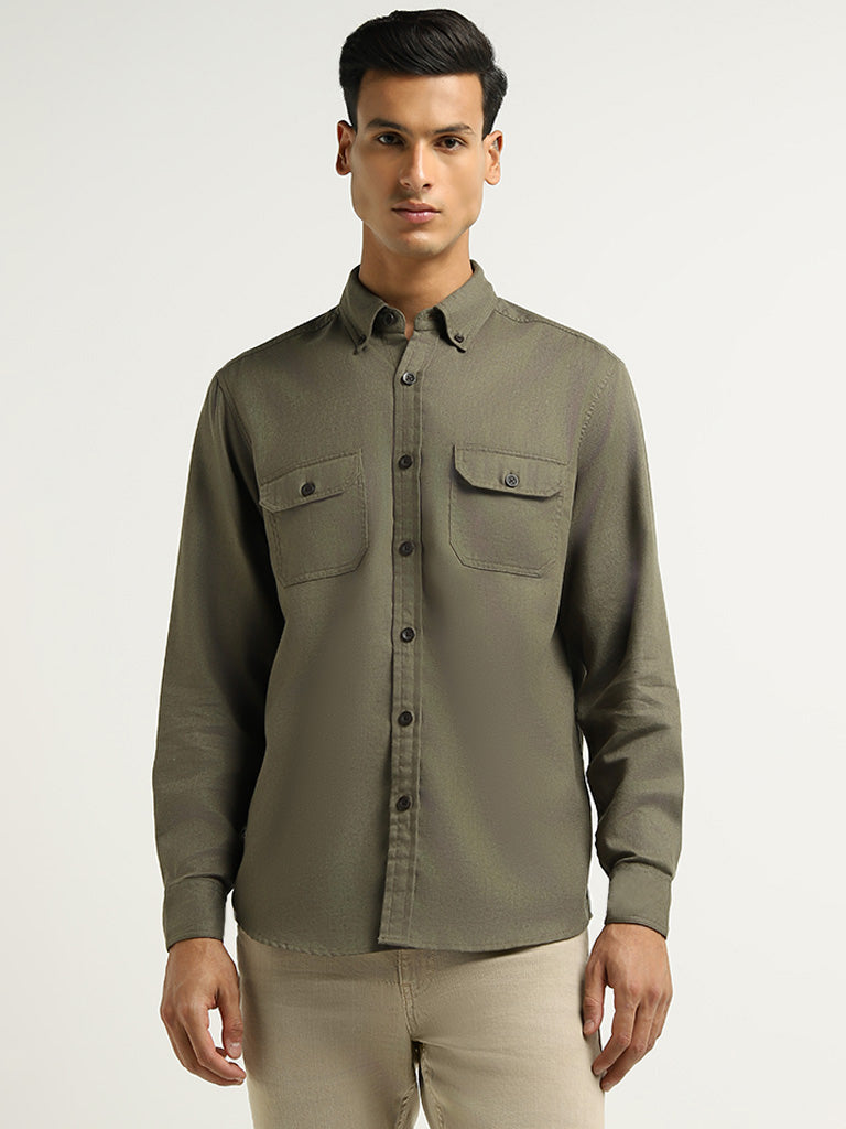 WES Casuals Olive Relaxed Fit Blended Linen Shirt