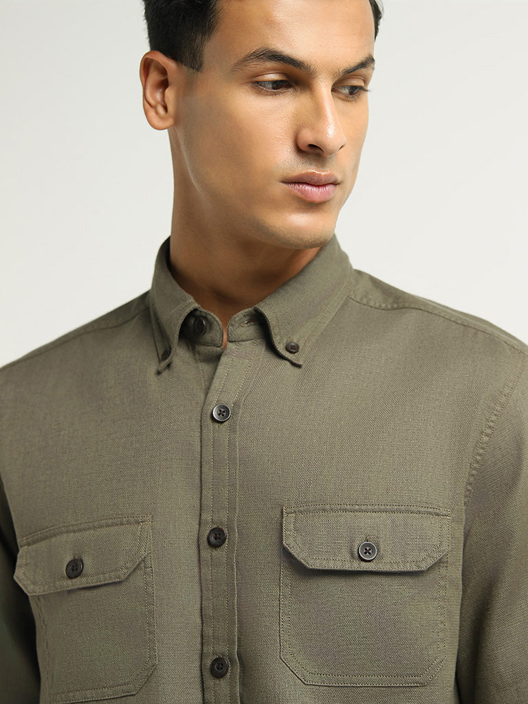 WES Casuals Olive Relaxed Fit Blended Linen Shirt