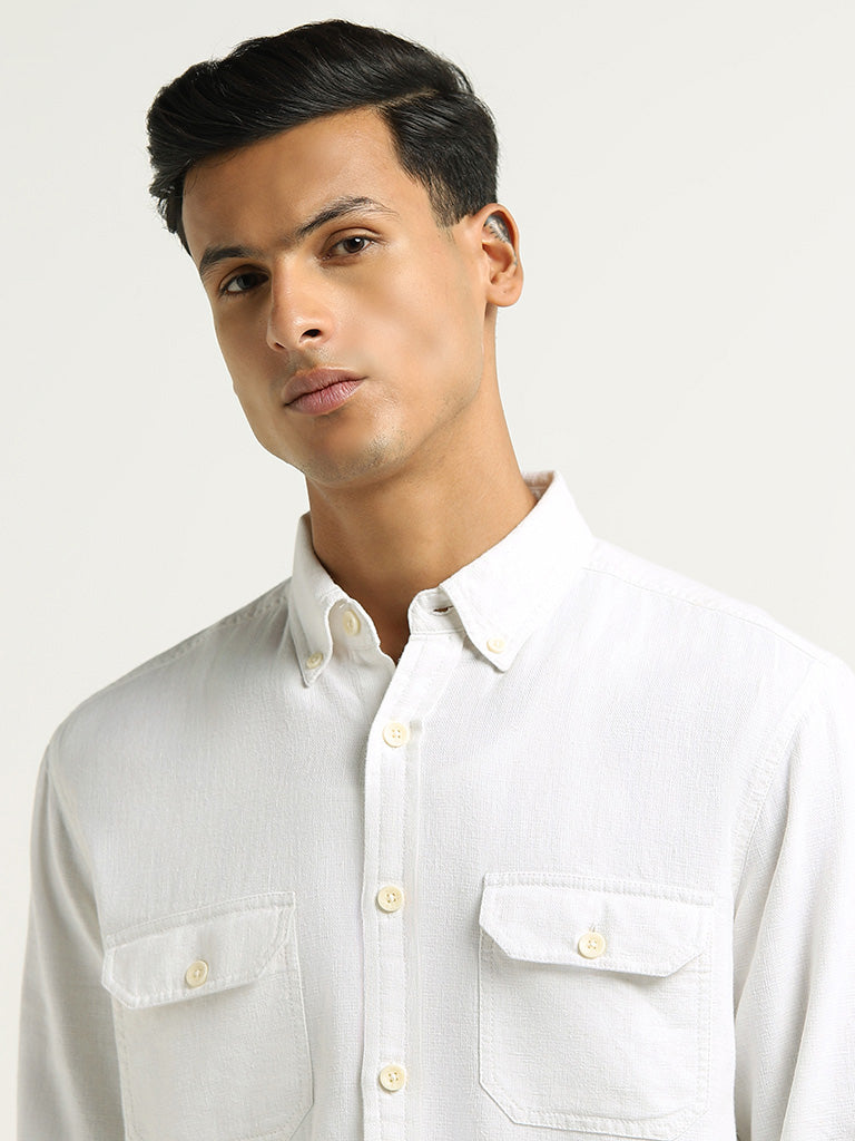 WES Casuals White Relaxed Fit Blended Linen Shirt