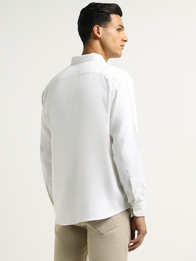 WES Casuals White Relaxed Fit Blended Linen Shirt