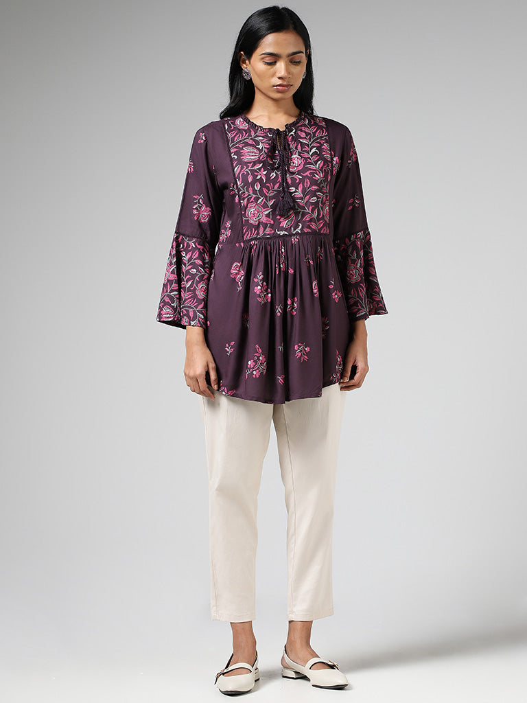 Utsa Dark Purple Floral Printed Bell Sleeves Gathered Kurti