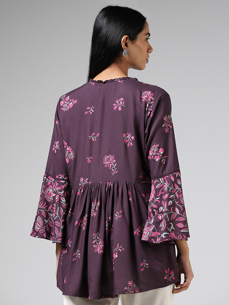 Utsa Dark Purple Floral Printed Bell Sleeves Gathered Kurti