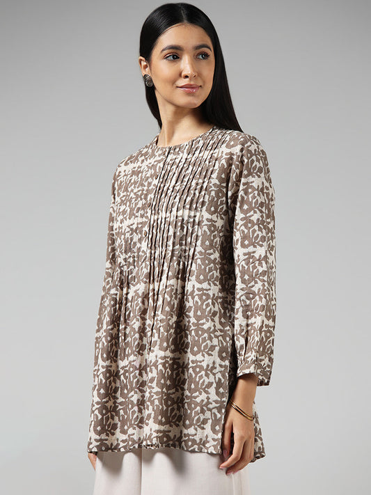 Utsa Grey Printed Cotton Pintuck Tunic