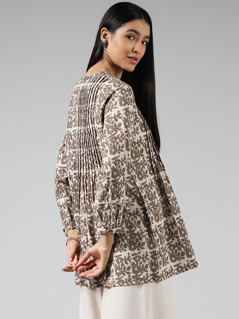 Utsa Grey Printed Cotton Pintuck Tunic