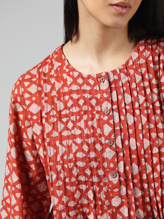 Utsa Orange Printed Cotton Pintuck Tunic