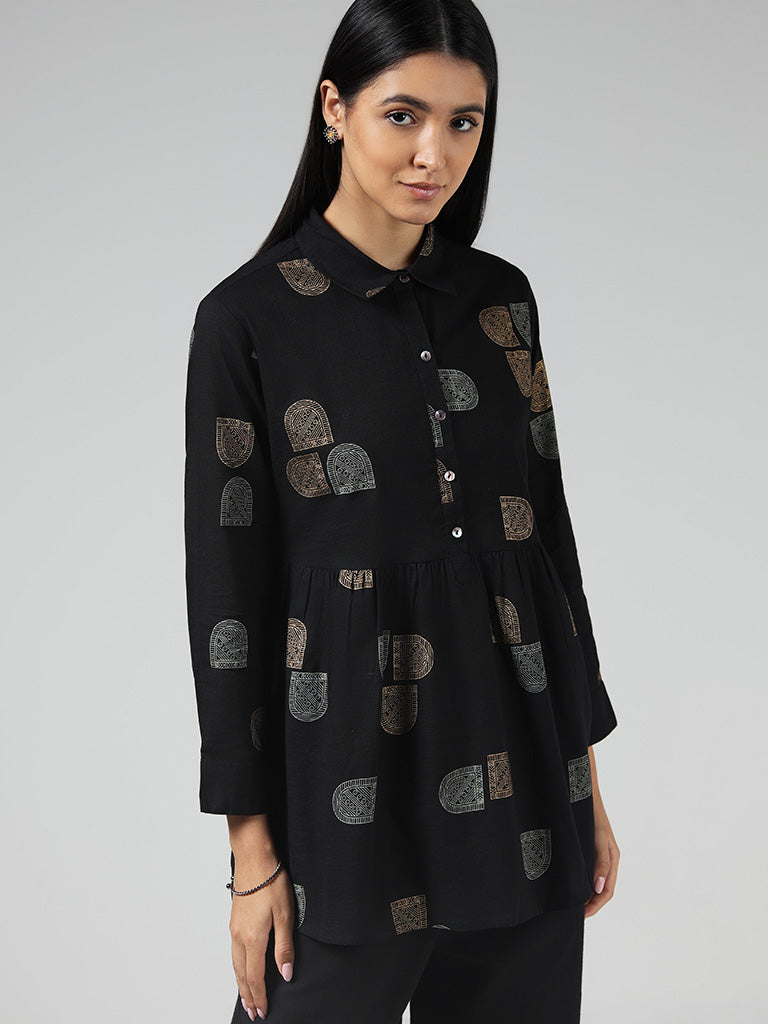 Utsa Black Printed Cotton Tunic