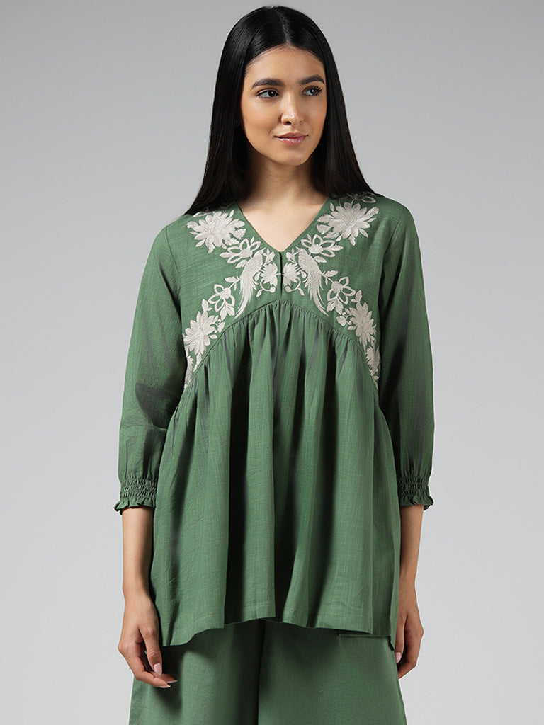 Utsa Green Floral Embroidered Cotton Tunic