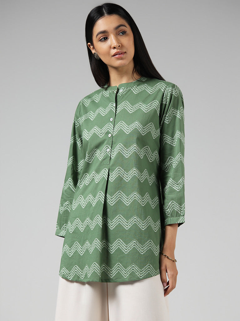 Utsa Dark Green Printed Cotton Tunic