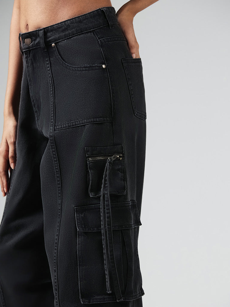 Nuon Solid Black High-Waisted Cargo Relaxed Fit Jeans