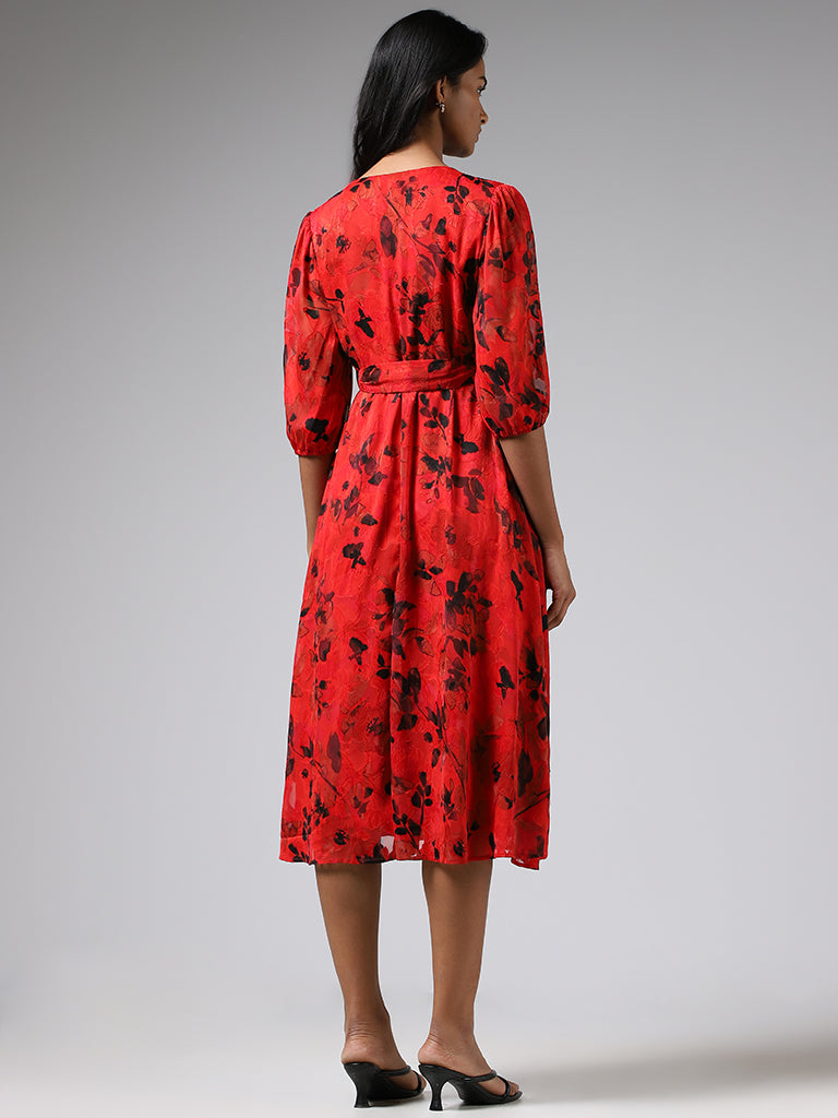 Wardrobe Bright Red Floral Printed Dress with Belt