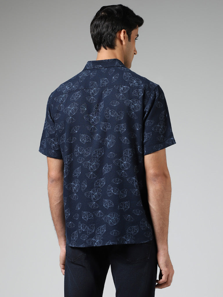 Ascot Navy Printed Slim-Fit Blended Linen Shirt